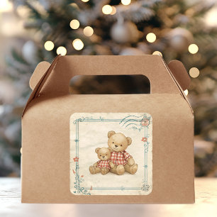 Vintage-Teddybär-Duo Rotkariertes Poststempel Quadratischer Aufkleber