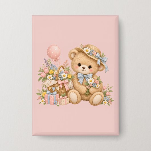 Vintage-Teddybär-Feier mit Wildblumen Button (Vorderseite)