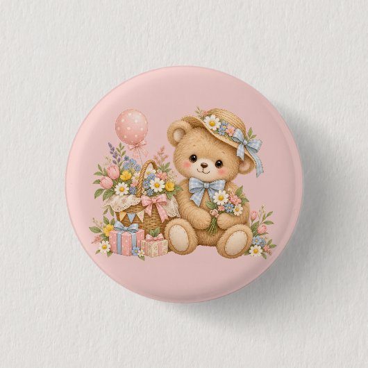 Vintage-Teddybär-Feier mit Wildblumen Button (Vorderseite)