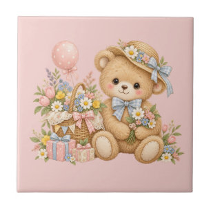 Vintage-Teddybär-Feier mit Wildblumen Fliese