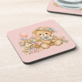 Vintage-Teddybär-Feier mit Wildblumen Getränkeuntersetzer (Linke Seite)
