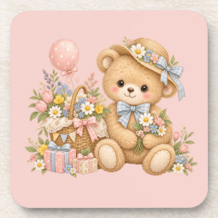 Vintage-Teddybär-Feier mit Wildblumen Getränkeuntersetzer