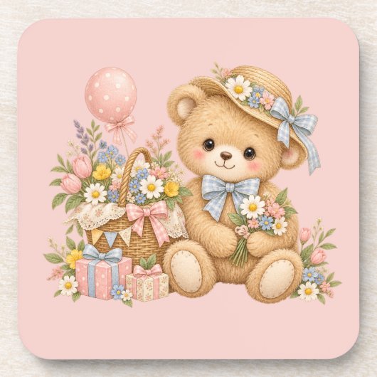 Vintage-Teddybär-Feier mit Wildblumen Getränkeuntersetzer (Vorderseite)