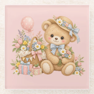 Vintage-Teddybär-Feier mit Wildblumen Glasuntersetzer