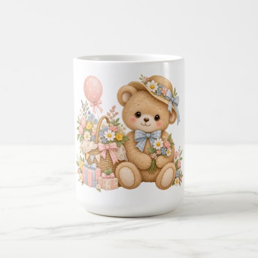 Vintage-Teddybär-Feier mit Wildblumen Kaffeetasse (Mittel)