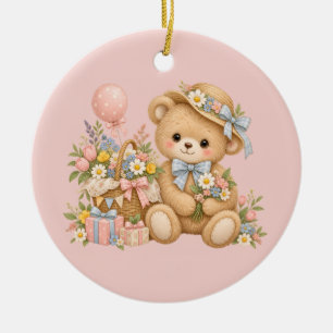 Vintage-Teddybär-Feier mit Wildblumen Keramik Ornament