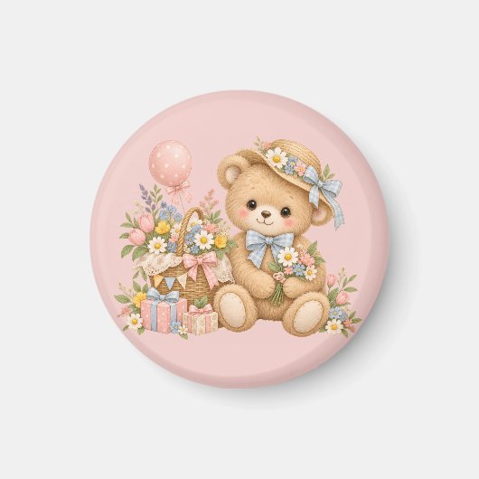Vintage-Teddybär-Feier mit Wildblumen Magnet (Vorne)