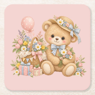 Vintage-Teddybär-Feier mit Wildblumen Rechteckiger Pappuntersetzer