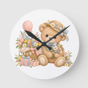 Vintage-Teddybär-Feier mit Wildblumen Runde Wanduhr