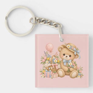 Vintage-Teddybär-Feier mit Wildblumen Schlüsselanhänger