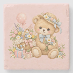 Vintage-Teddybär-Feier mit Wildblumen Steinuntersetzer