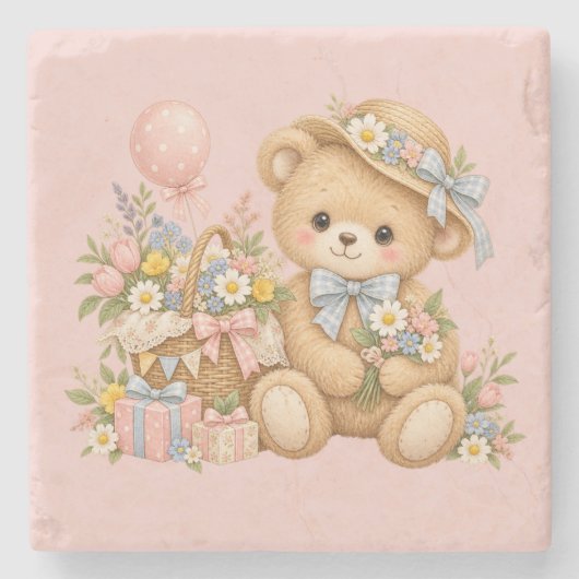 Vintage-Teddybär-Feier mit Wildblumen Steinuntersetzer (Vorderseite)