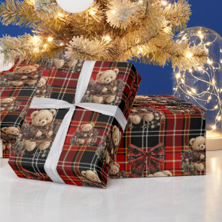 Vintage-Teddybär-Rotkariertes Weihnachtsgeschenk-V Geschenkpapier