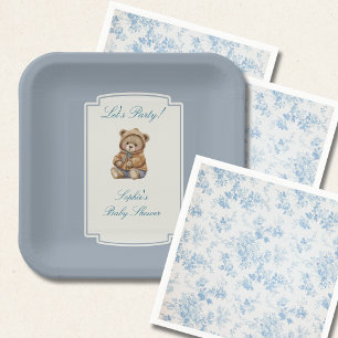 Vintage Teddybär, Staubblau Baby Shower Pappteller