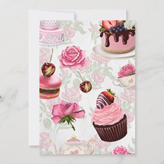 Vintage Tee-Party Einladung mit Blumenrahmen (Rückseite)