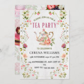 Vintage Tee-Party Einladung mit Blumenrahmen (Vorne/Hinten)