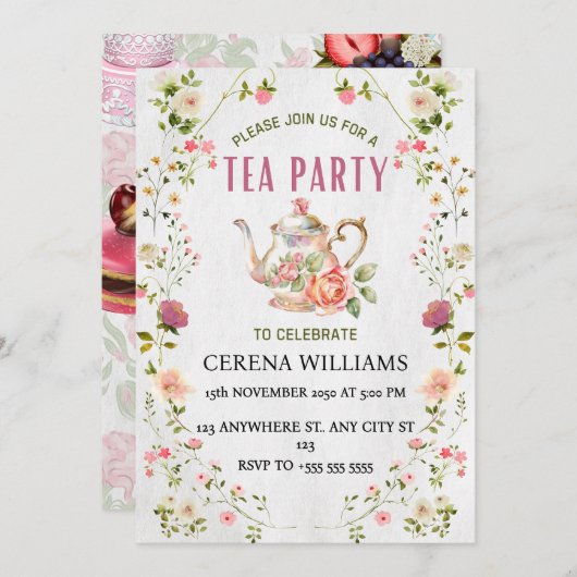 Vintage Tee-Party Einladung mit Blumenrahmen (Vorne/Hinten)