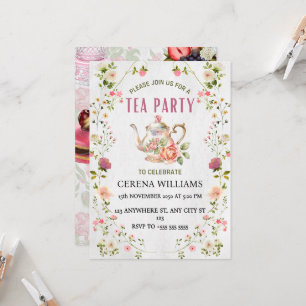 Vintage Tee-Party Einladung mit Blumenrahmen