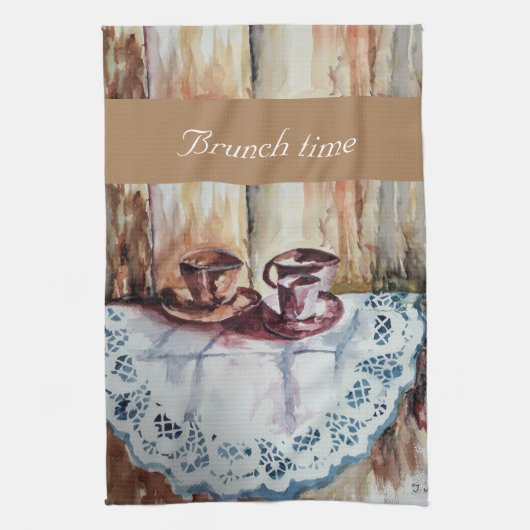 Vintage Teebecher auf weißer Leinen Geschirrtuch (Vertikal)