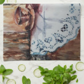 Vintage Teebecher auf weißer Leinen Geschirrtuch (Gefaltet)