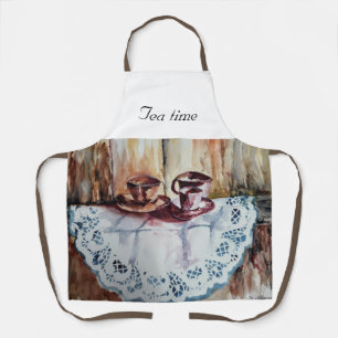 Vintage Teebecher auf weißer Leinen Schürze