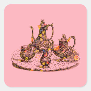 Vintage Teeköpfe auf rosa dekorativen Aufklebern Quadratischer Aufkleber