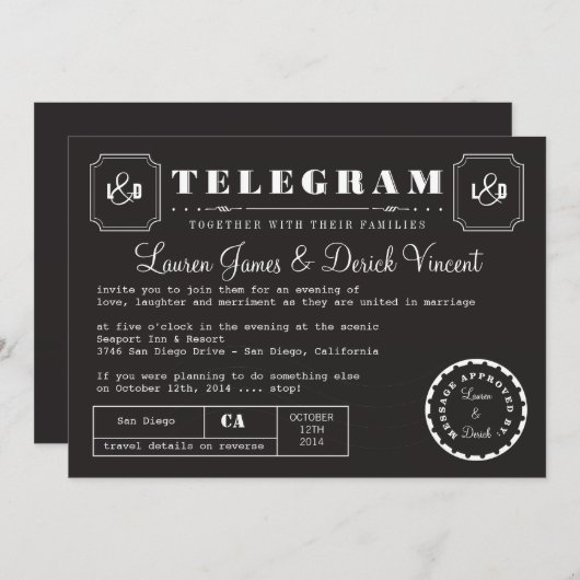 Vintage Telegramm-Einladungskarte in Schwarz Einladung (Vorne/Hinten)