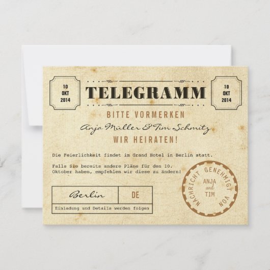 Vintage Telegramm Save the Date (Vorderseite)