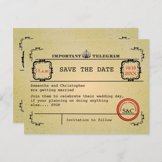 Vintage Telegrammhochzeit speichert das Datum Ankündigungspostkarte (Vorne/Hinten)