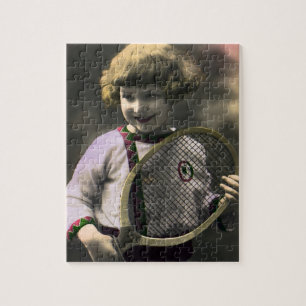 Vintage-Tennissport, glückliches Mädchen mit Schlä Puzzle
