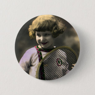 Vintage Tennissportarten, Happy Girl mit Racket Button