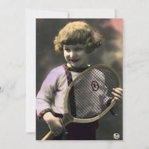 Vintage Tennissportarten, Happy Girl mit Racket Einladung