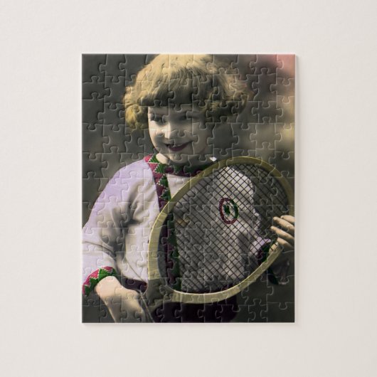 Vintage Tennissportarten, Happy Girl mit Racket Puzzle (Vertikal)