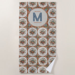 Vintage Terracotta-Tiles Monogram Strandtuch