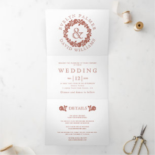 Vintage Terrakotta-Rose auf weißer Hochzeit Dreifach Gefaltete Einladung