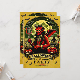 Vintage Teufel auf dem Friedhof Gelbe Halloween-Pa Einladung
