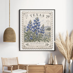 Vintage Texas Bluebonnet Staatsblume Briefmarke Poster