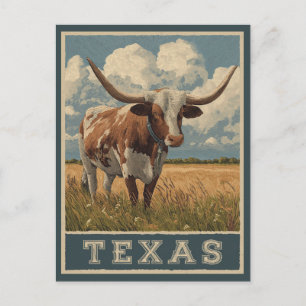 Vintage-Texas-Longhorn-Bulle Retro-Reise Postkarte