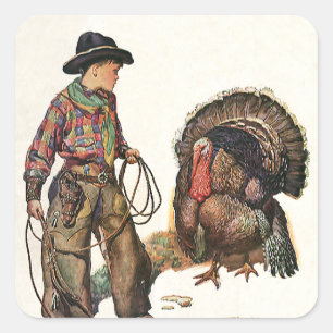 Vintage Thanksgiving, Cowboy fängt einen Truthahn Quadratischer Aufkleber