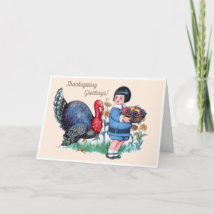 Vintage Thanksgiving-Junge mit Truthahn und Ernte Feiertagskarte