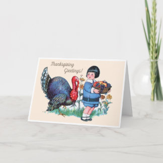 Vintage Thanksgiving-Junge mit Truthahn und Ernte Feiertagskarte