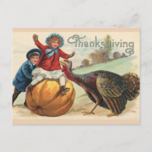 Vintage Thanksgiving Kinder mit Kürbis, Truthahn Postkarte
