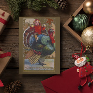 Vintage Thanksgiving Kleiner Junge Reitet auf Trut Karte
