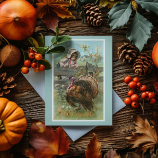 Vintage-Thanksgiving-Kleines Mädchen und Truthahn Karte