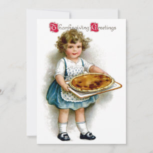 Vintage Thanksgiving-Mädchen mit Torte Feiertagskarte