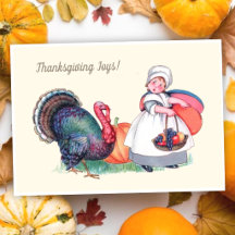 Vintage Thanksgiving-Mädchen mit Truthahn und Ernt