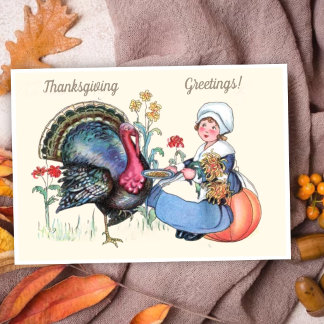 Vintage Thanksgiving-Mädchen mit Truthahn und Ernt Feiertagskarte