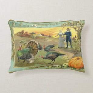 Vintage Thanksgiving mit Truthähnen und Pilgern Dekokissen