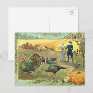 Vintage Thanksgiving mit Truthähnen und Pilgern Feiertagspostkarte