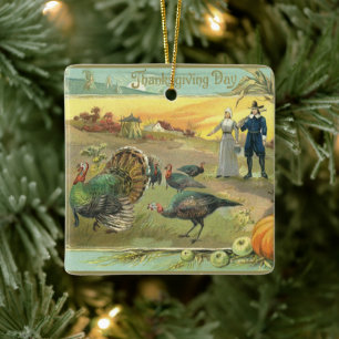 Vintage Thanksgiving mit Truthähnen und Pilgern Keramikornament